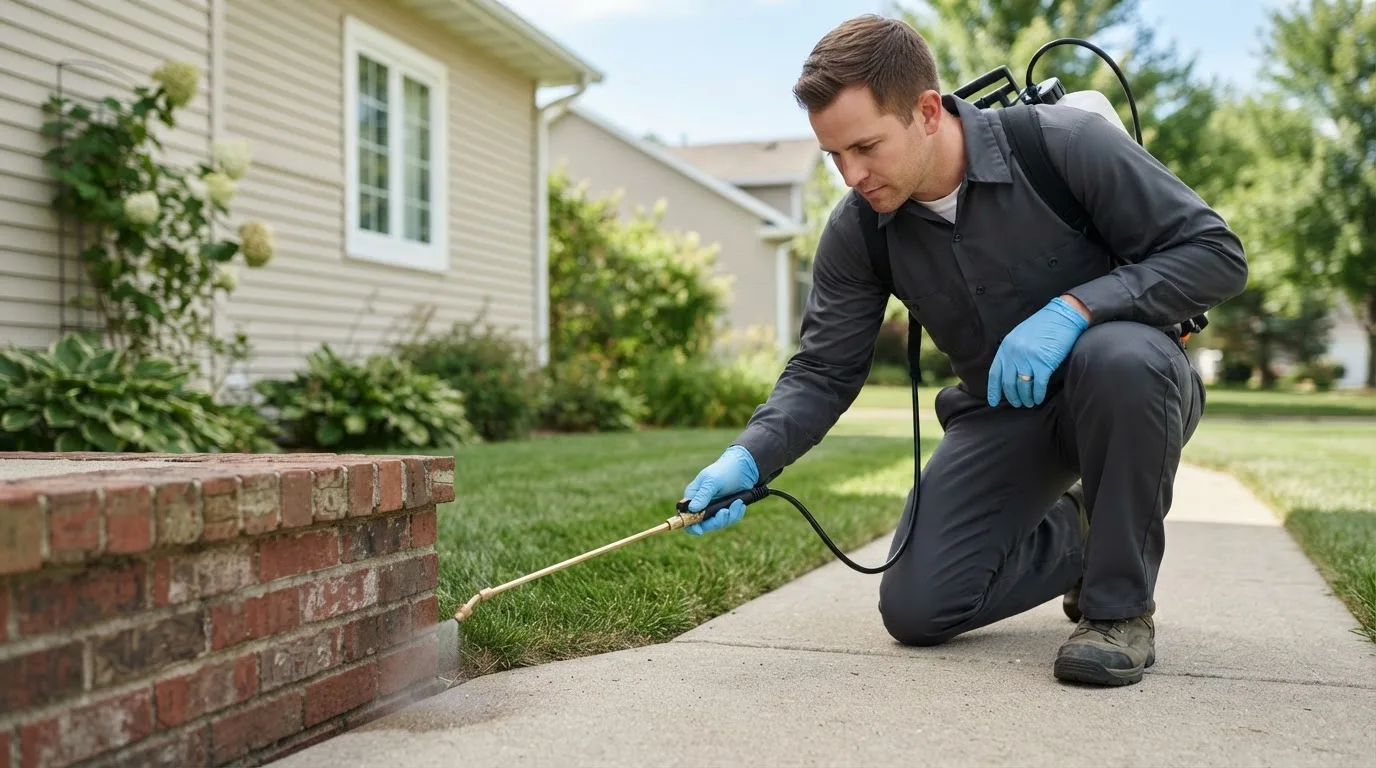 Pest control technician treating a home near Geigertown, PA